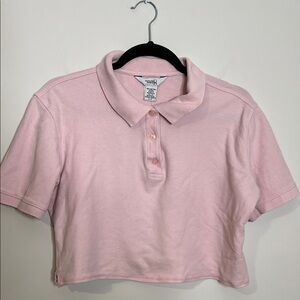Pink Cropped Polo Shirt Cotton Candy Pink Collared 1/4 button down